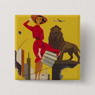 Vintage-Werbung für Flugreisen in Chicago, USA Button