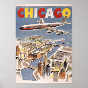 Vintage-Werbung für Flugreisen in Chicago, USA Poster
