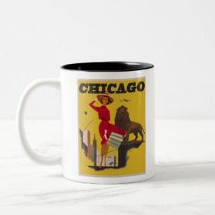 Vintage-Werbung für Flugreisen in Chicago, USA Zweifarbige Tasse
