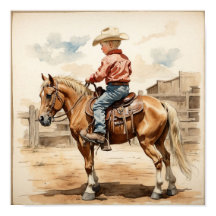 Vintage Western Art Blonder Junge auf Pferd