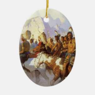 Vintage Western Art, Indianerkriegspartei von NC W Keramikornament