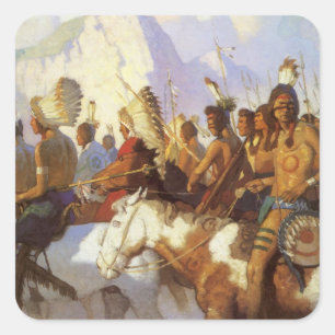 Vintage Western Art, Indianische Kriegspartei von  Quadratischer Aufkleber