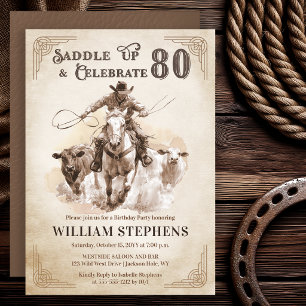 Vintage Western Cowboy-Erwachsener 80. Geburtstags Einladung