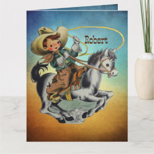 Vintage Western Cowboy Kind auf Pferd mit Seil Karte