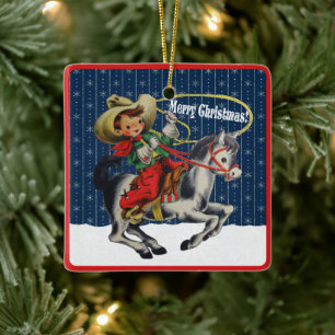 Vintage Western Cowboy Kind Pferd Seil Weihnachten Keramikornament