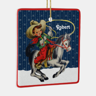Vintage Western Cowboy Kind Pferd Seil Weihnachten Keramikornament