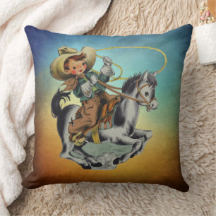 Vintage Western Cowboy Kinder auf Pferd mit Seil Kissen