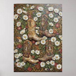 Vintage Western Cowboy-Stiefel mit Gänseblümchen-M Poster