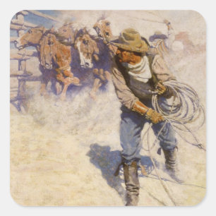 Vintage Western-Cowboys, in der Hürde durch NC Quadratischer Aufkleber