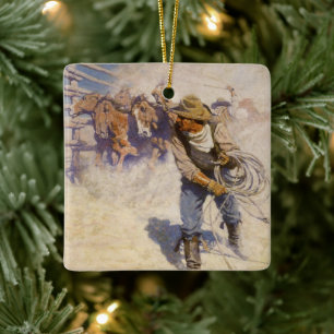 Vintage Western Cowboys, In der Koppel von NC Wyet Keramikornament
