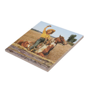 Vintage Western-Cowgirl auf einem Pferd winkend Fliese