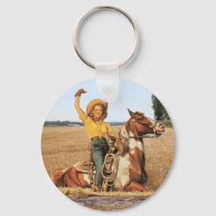 Vintage Western Cowgirl auf einem Pferd winkend Schlüsselanhänger