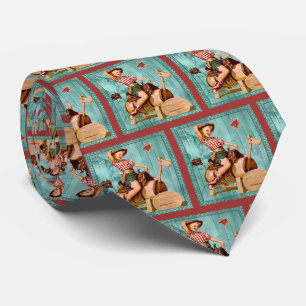 Vintage Western Cowgirl Auf Holzpferd LG Druck Krawatte