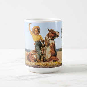 Vintage Western-Cowgirl auf Pferd winkend Kaffeetasse