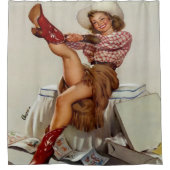 Vintage Western-Cowgirl, die Stiefel anlegt Duschvorhang (Vorderseite)