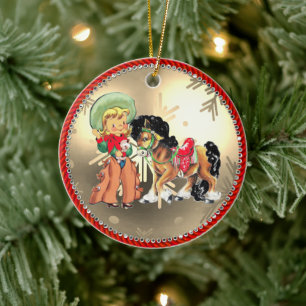 Vintage Western Cowgirl Kind und Pferd Keramik Ornament