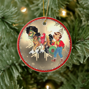 Vintage Western Cowgirl Kind und Pferd Keramik Ornament