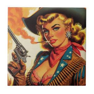 Vintage Western Cowgirl Pin-Up Fliese