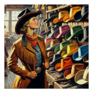 Vintage Western Retro Cowgirl beim Kauf von Hüten Poster