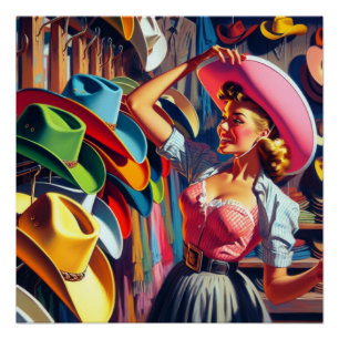 Vintage Western Retro Cowgirl beim Kauf von Hüten Poster