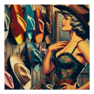 Vintage Western Retro Cowgirl beim Kauf von Hüten Poster