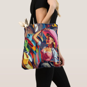Vintage Western Retro Cowgirl beim Kauf von Hüten Tasche