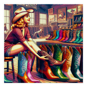 Vintage Western Retro Cowgirl Stiefel Einkaufen  Poster