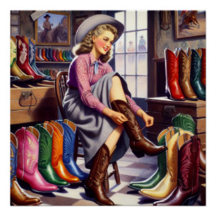 Vintage Western Retro Cowgirl Stiefel Einkaufen  Poster
