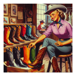 Vintage Western Retro Cowgirl Stiefel Einkaufen  Poster