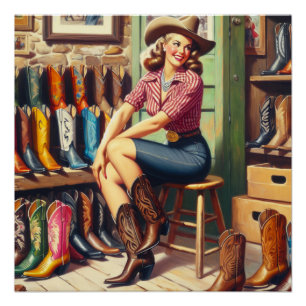 Vintage Western Retro Cowgirl Stiefel Shopping  Poster