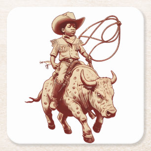 Vintage Western Ride Stolz Kleiner Cowboy Rechteckiger Pappuntersetzer