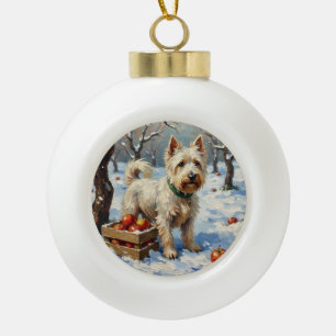 Vintage Westie im schneebedeckten Winterapfelgarte Keramik Kugel-Ornament
