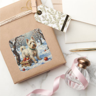Vintage Westie im schneebedeckten Wintergarten zu  Quadratischer Aufkleber