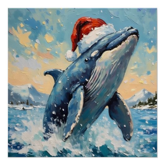 Vintage Whale with Santa Hat Christmas Scene Poster (Vorderseite)