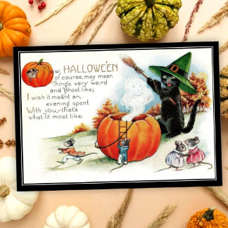 Vintage Whimsical Black Cat Hexe & Mäuse Halloween Karte