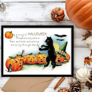 Vintage Whimsical Black Cat & Mice Halloween Karte