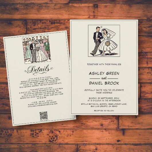 Vintage Whimsical Bride Groom 50er Comic Hochzeit Einladung