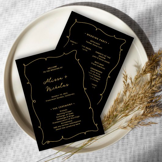 Vintage Whimsical Elegante Black and Gold Hochzeit Programm