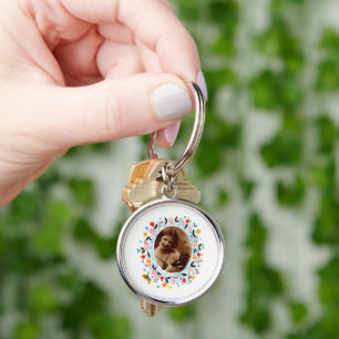 Vintage Whimsical Floral Katzenporträt Foto indivi Schlüsselanhänger