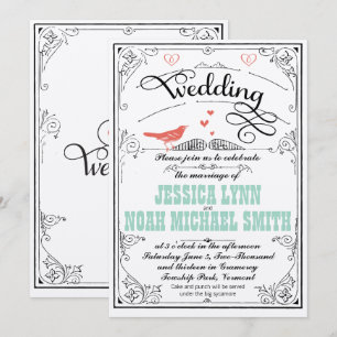 Vintage Whimsical Hearts Minze und Korallen-Einlad Einladung