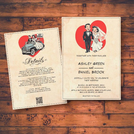 Vintage Whimsical Romantic Couple Comic Hochzeit Einladung
