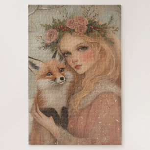 Vintage Whimsical Weihnachtsszene Mädchen & Fuchs Puzzle