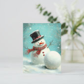 Vintage Whimsical Winter Snowman Joy Ankündigungspostkarte (Stehend Vorderseite)