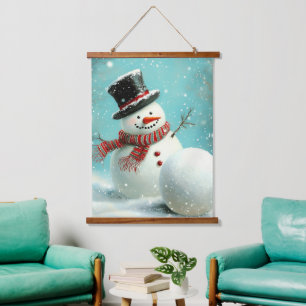 Vintage Whimsical Winter Snowman Joy Wandteppich Mit Holzrahmen