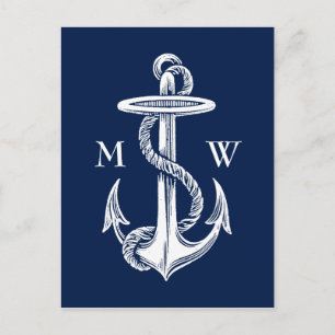 Vintage White Anchor Rope Navy Blue Background Postkarte