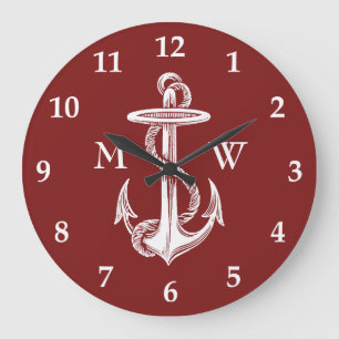 Vintage White Anchor Rope Wine Red Nautical Große Wanduhr
