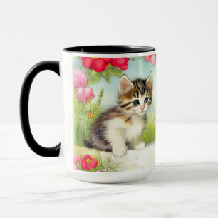 Vintage White and Brown Kitten with Flowers Tasse