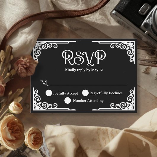  Vintage White Black Wedding  RSVP Karte