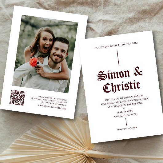 Vintage White Burgundy Photo QR Code Wedding Einladung