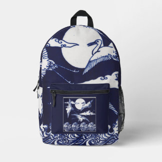 Vintage White Cranes on Dark Navy Blue  Bedruckter Rucksack